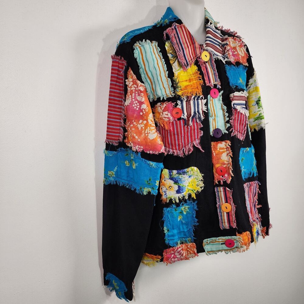 Vtg New Direction Patchwork Jacket Black Cotton Button Medium Colorful Artsy 90s - Picture 4 of 12